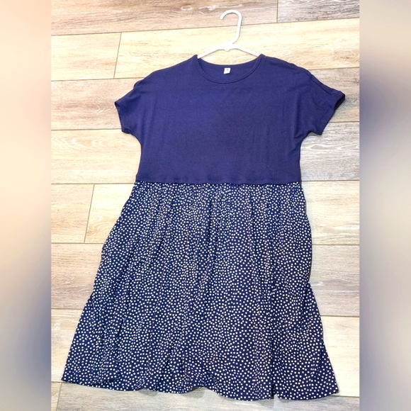 Uniqlo Blue Polkadot Rayon Blend Stretchy Girls Dress Size 12 - Picture 1 of 6
